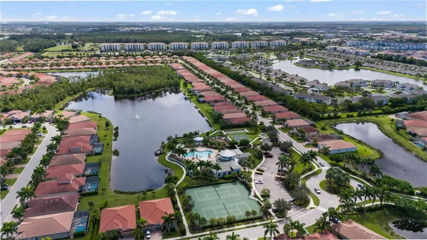 Birds eye view of property with a water view