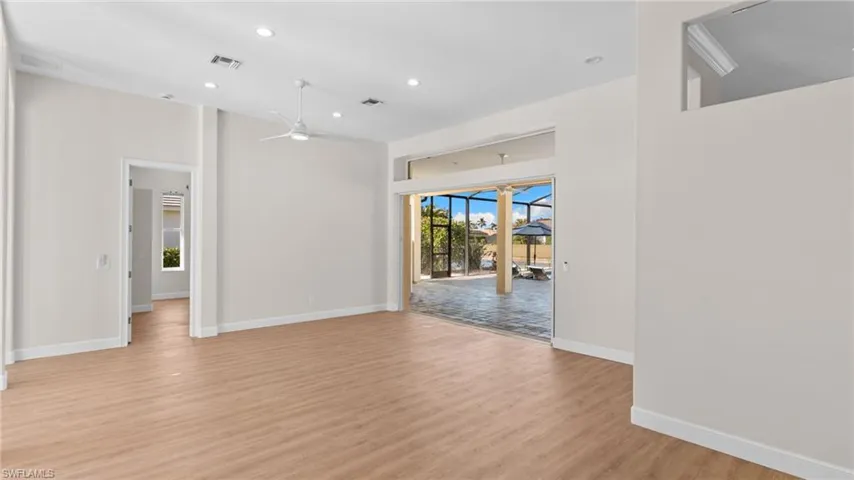Empty room with recessed lighting, ceiling fan, and light wood finished floors