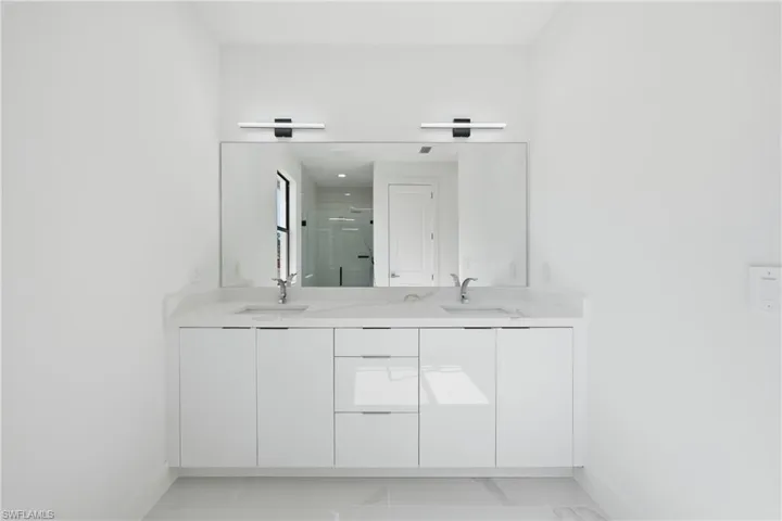 Double vanity with white cabinetry and integrated pulls