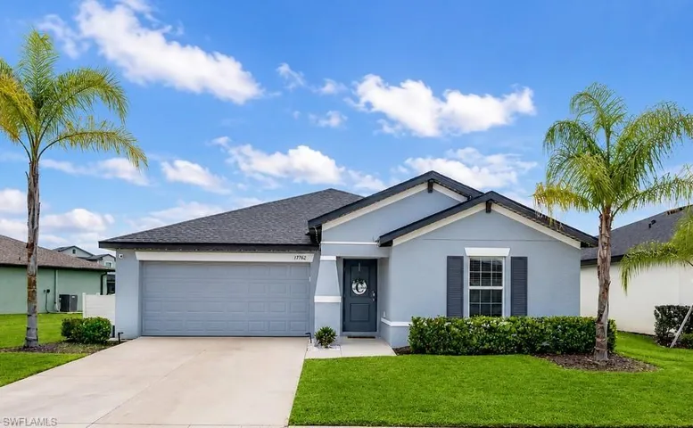 Contemporary single-story residence featuring a light blue stucco exterior, dark gray shingle roof, and a two-car garage with a matching light blue door