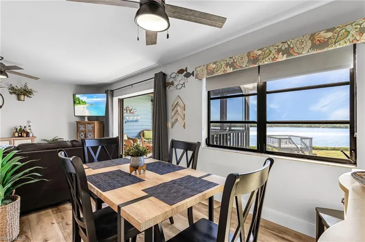 Dining room featuring light wood-type flooring and a ceiling fan