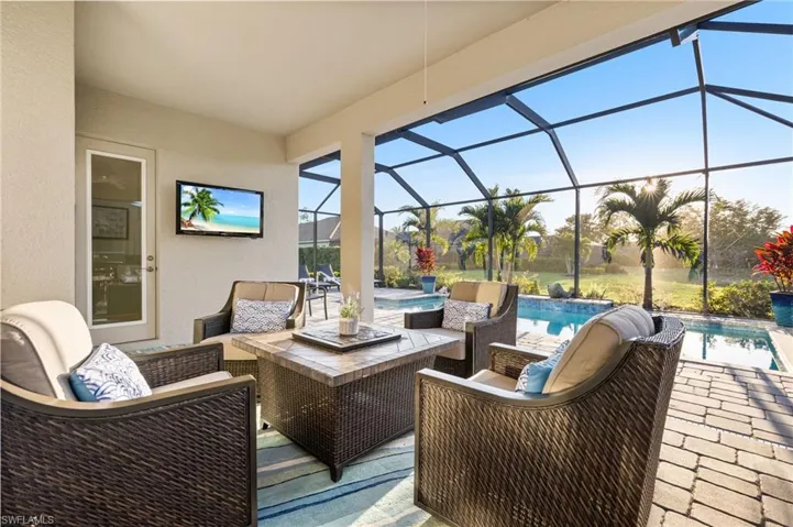 View of patio featuring an outdoor living space, an outdoor pool, and a lanai
