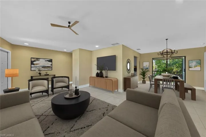 Family room with formal dinning area,  light tile patterned floors