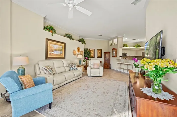 Gorgeous, open living room with space for an additional dining table to accommodate more guests.