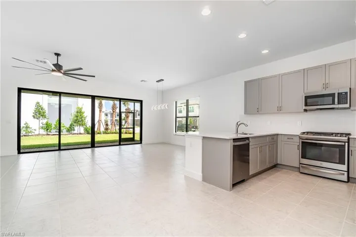 Kitchen with appliances with stainless steel finishes, gray cabinets, decorative light fixtures, a peninsula, and open floor plan