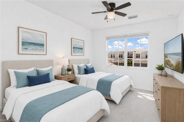 Recessed lighting, ceiling fan with light fixture, window with horizontal blinds, and light-toned wall-to-wall carpeting