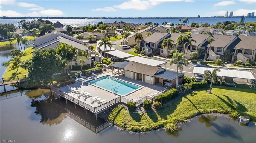 Bird's eye view of a large body of water and a pool