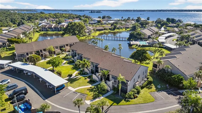 Aerial view of a nearby body of water