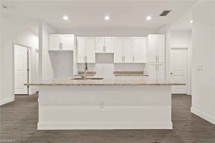 Kitchen with dark hardwood / wood-style flooring, light stone counters, sink, and an island with sink