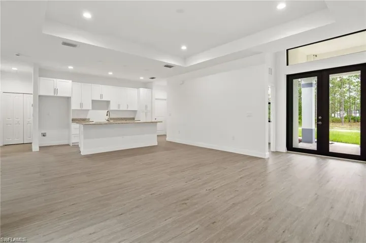 Unfurnished living room with light hardwood / wood-style floors, sink, french doors, and a tray ceiling