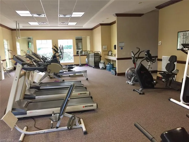 Workout area featuring crown molding