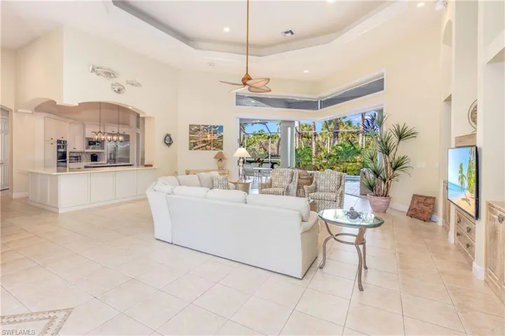Spacious Living Room with soaring coffered ceiling - lots of room to entertain here