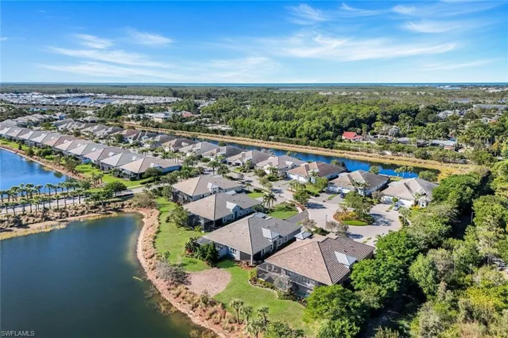 Aerial view of residential area featuring a large body of water
