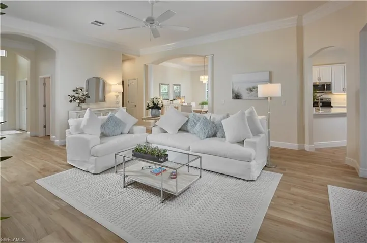 View of living area from doorway of the primary suite.