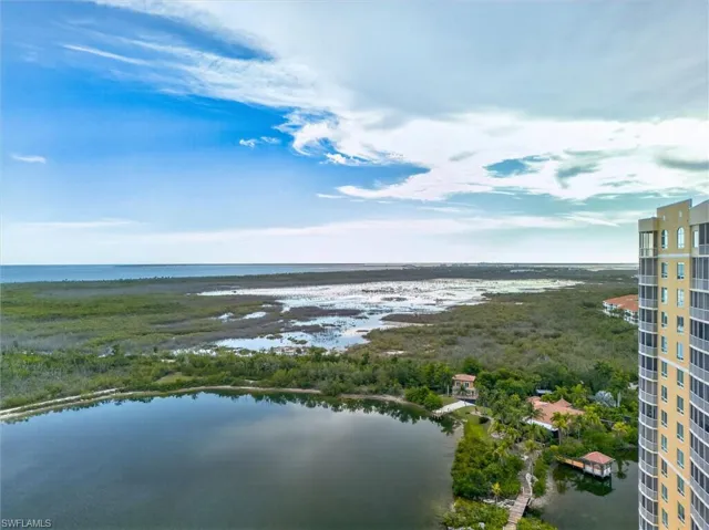 Aerial view looking west over lake