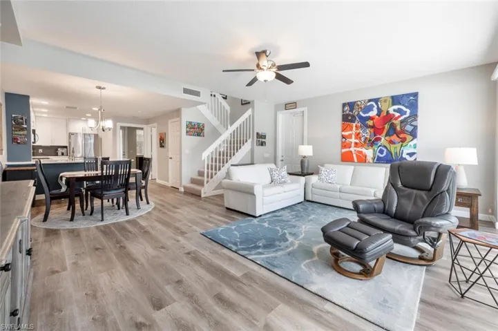 Living room, dining area and kitchen. Open concept.