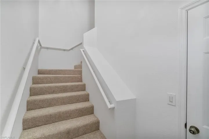 Brand new carpeted steps in a neutral tone.