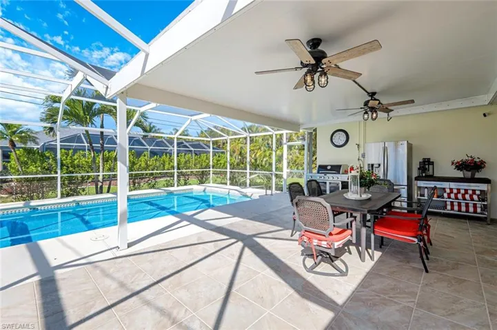 The under truss shaded area has been generously extended to provide multiple dining and entertaining shaded areas on the pool deck