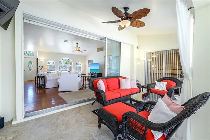 View of the under truss outdoor seating area with views over the Living area