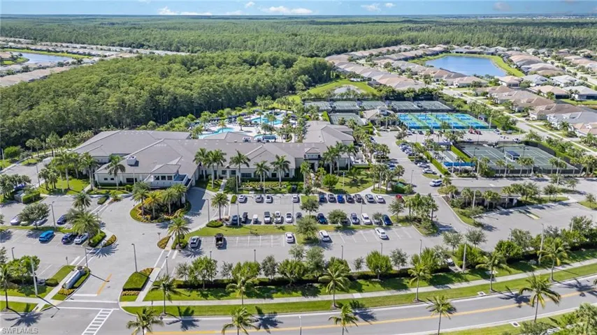Aerial view of the clubhouse and amenities.