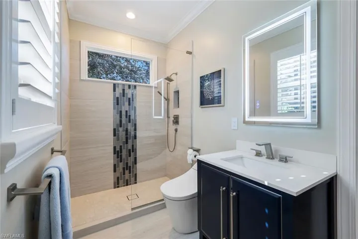 Bathroom with vanity, walk in shower, crown molding, healthy amount of natural light, and recessed lighting