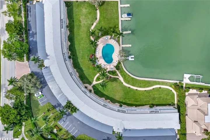 Aerial view of boat docks, community pool