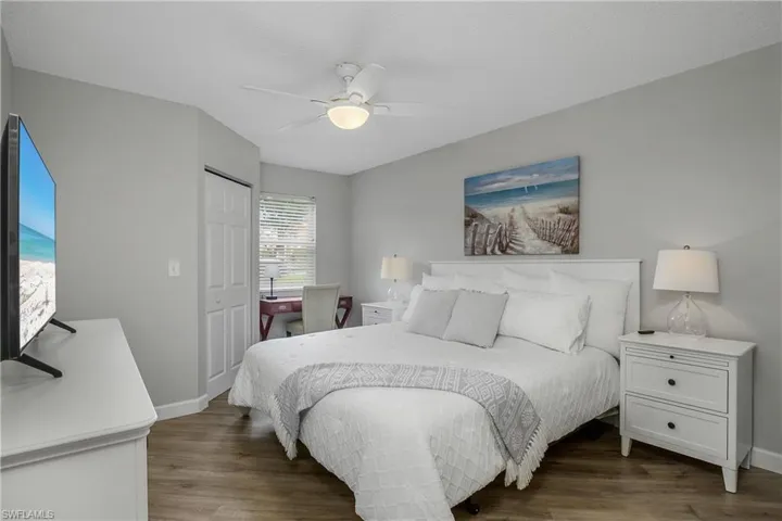 The guest bedroom is off of the entry of the home, in the front.