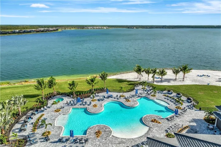 Aerial view of Resort Style Community Pool and lakeside beach