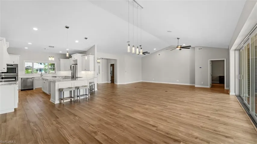 Kitchen, living room, dining area