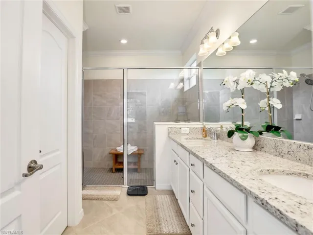 Bath 1 with double sinks & huge walk-in shower
