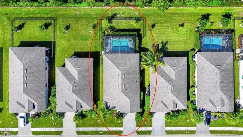 Overhead Aerial View Identifying the Property and Its Private Screened Pool and Fenced Backyard.