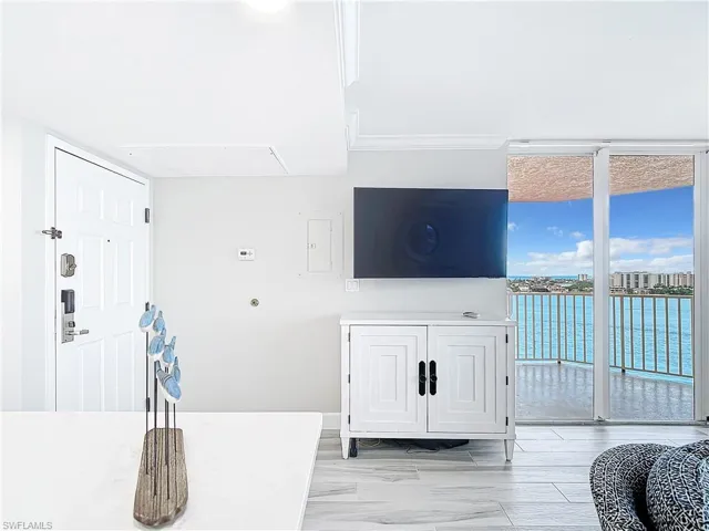 Living room with a water view
