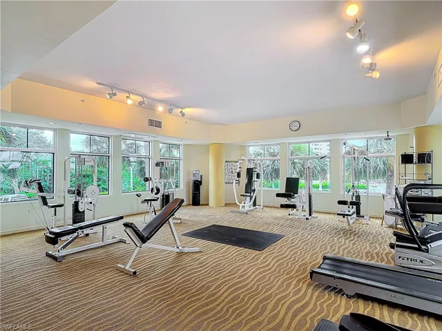 Gym featuring rail lighting and carpet flooring