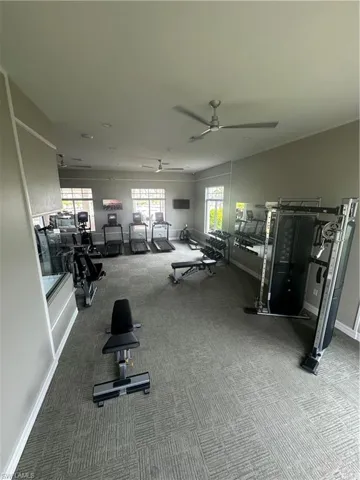 Expansive fitness area featuring broad windows, multiple ceiling fans, recessed lighting, and patterned carpet flooring