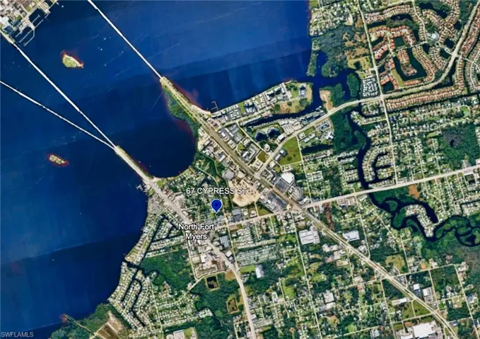 Aerial Survey. Illustrating the geographic context of the property at 67 Cypress St, North Fort Myers