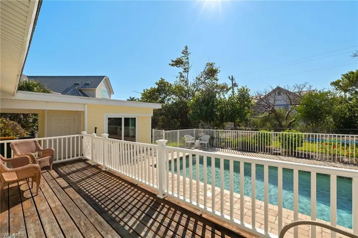 Wooden deck featuring a fenced in pool and fence