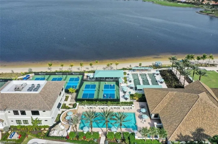 Bird's eye view of a large body of water and a pool