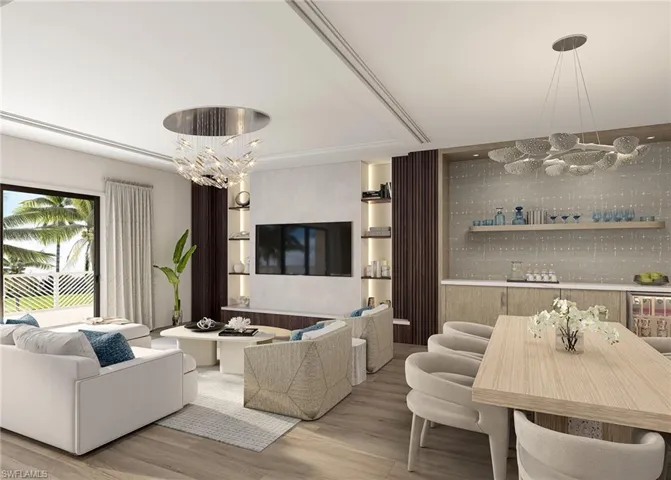 Living area with a chandelier and wood finished floors-Virtual Rendering