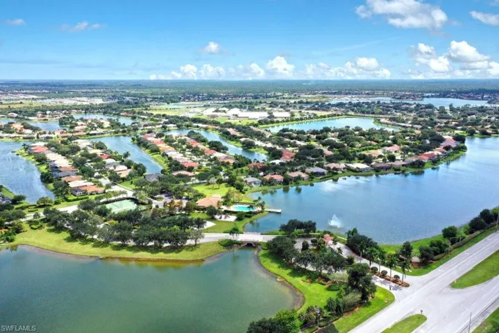 Aerial overview of property's location with a large body of water