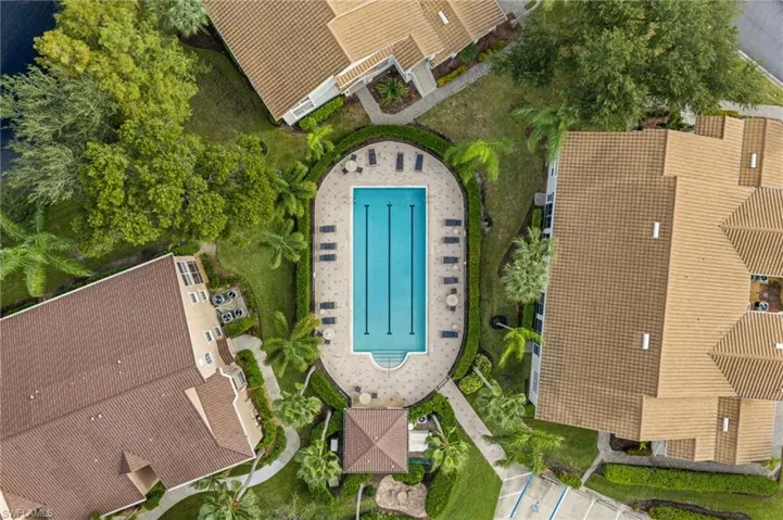 Oval-shaped swimming pool with surrounding lounge area, structured landscaping, and adjacent buildings