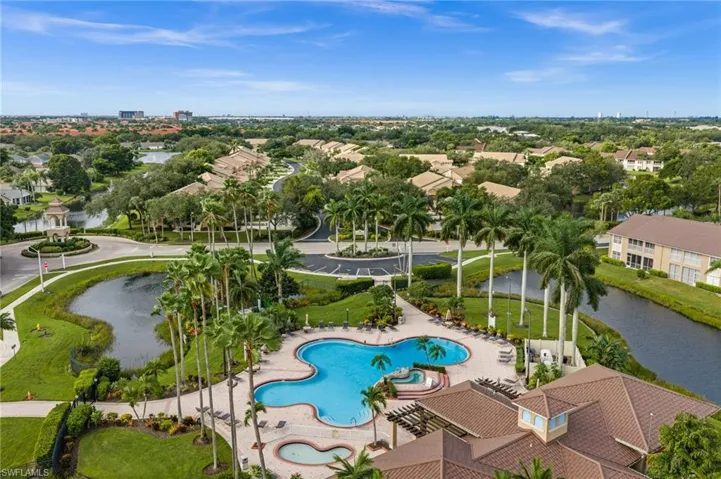 Resort-style pool with integrated spa, surrounded by extensive hardscaping and mature palm trees