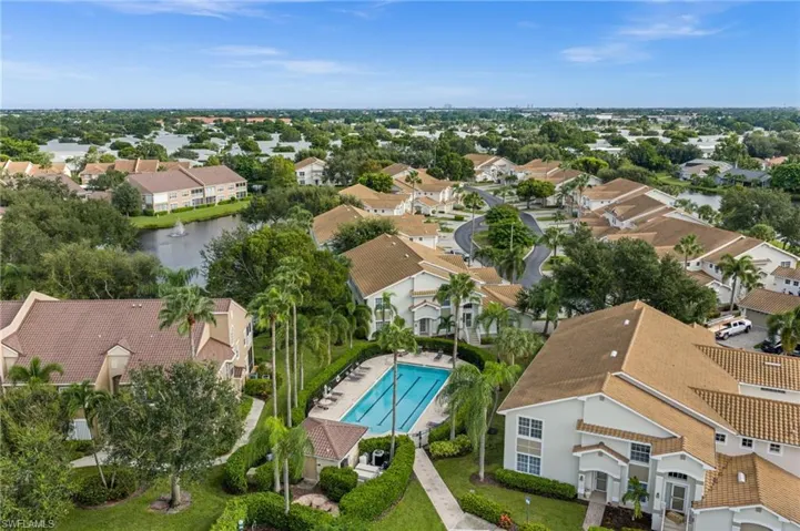 Expansive community pool with surrounding lounge space, lush landscaping, and mature palm trees