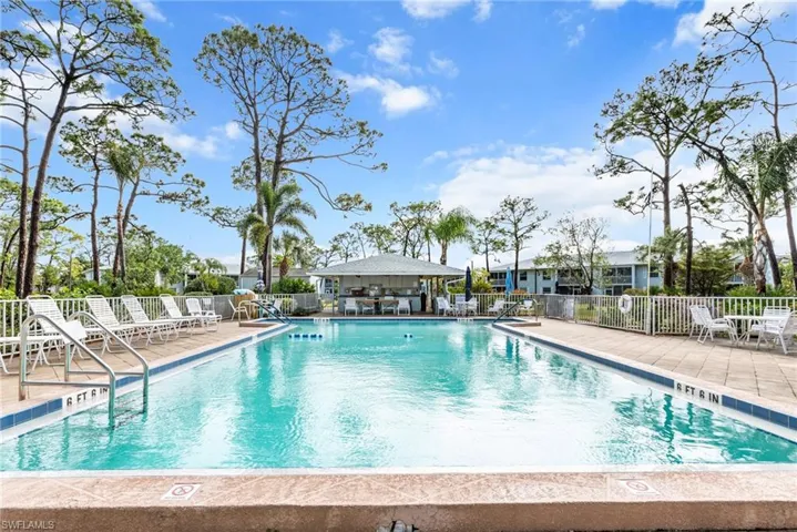 Rectangular swimming pool with blue tile edging and surrounding patio