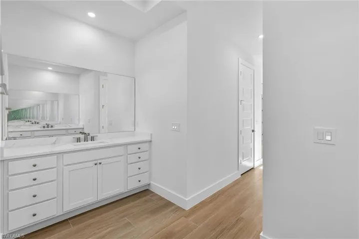 Bathroom featuring wood tiled floors, vanity, and recessed lighting