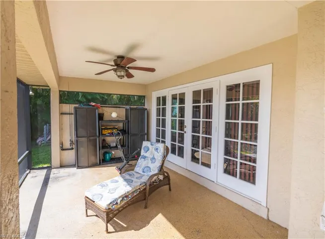 View of patio / terrace featuring ceiling fan and french doors