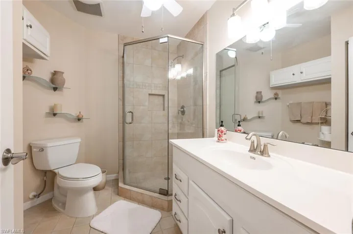 Master Bathroom with vanity, tile patterned floors, ceiling fan, toilet, and a shower with door