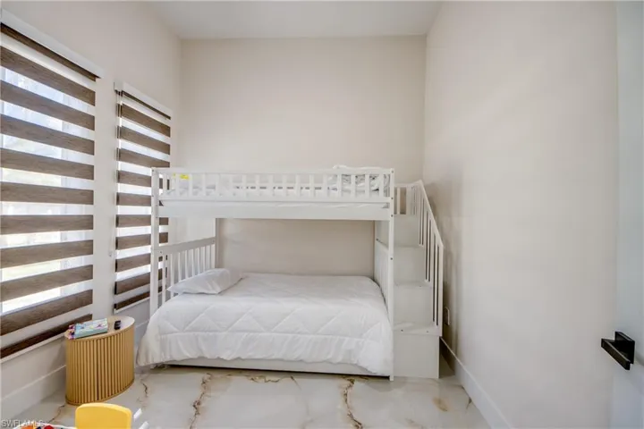 Room featuring two large windows with horizontal blinds, light-toned walls, and white baseboards