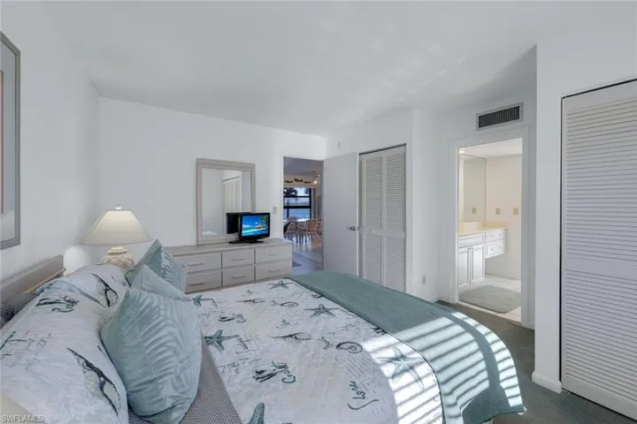 Carpeted bedroom featuring two closets, ensuite bathroom, and visible vents
