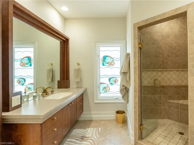 Bathroom featuring vanity, a shower with shower door, plenty of natural light, and tile patterned floors