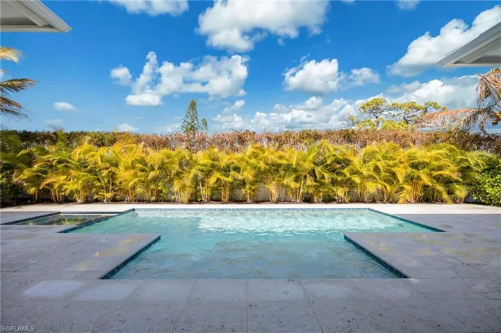The heated salt pool features flush spa, sunshine, and privacy! Landscaping is new and will mature.